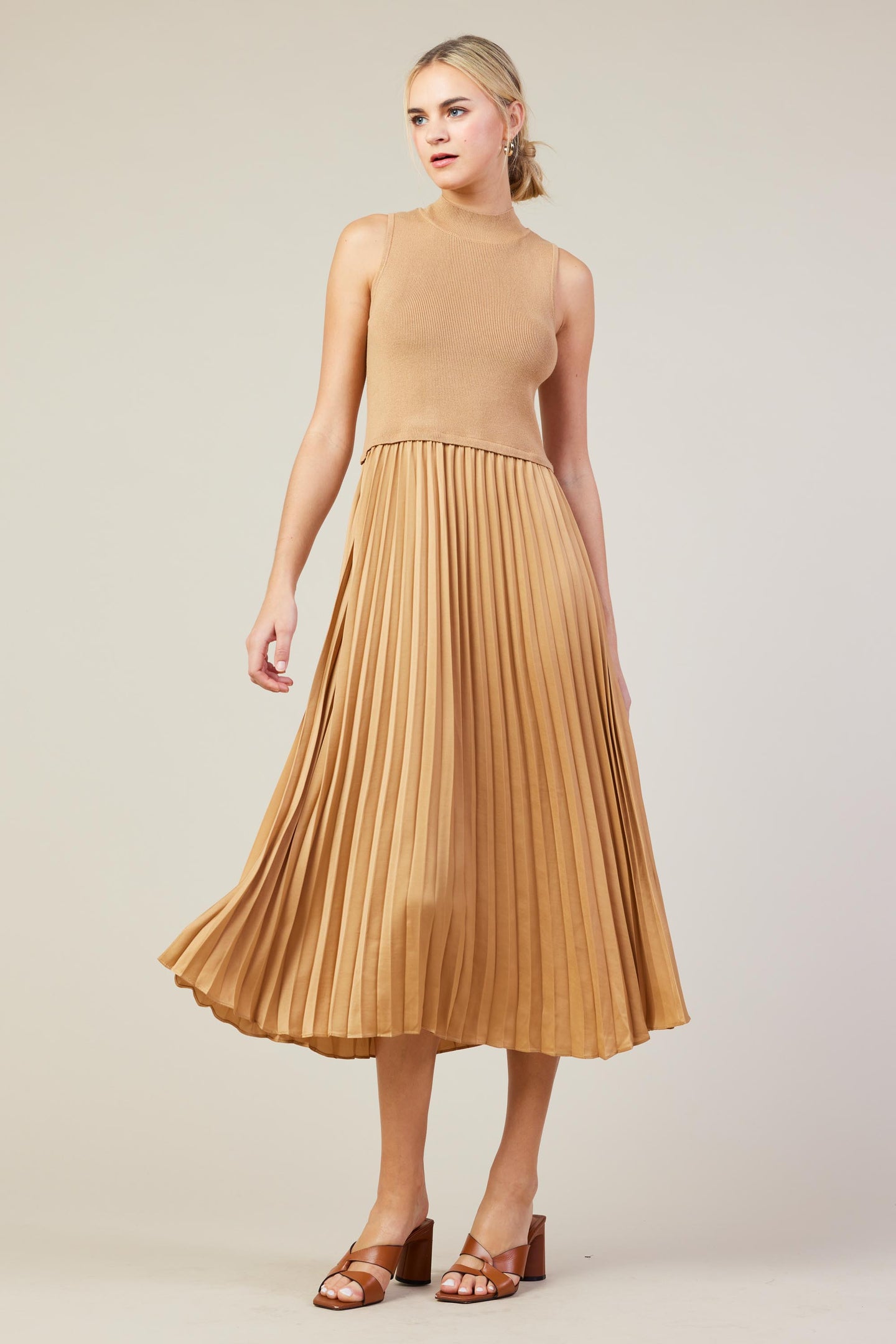 Mixed Media Pleated Midi Dress