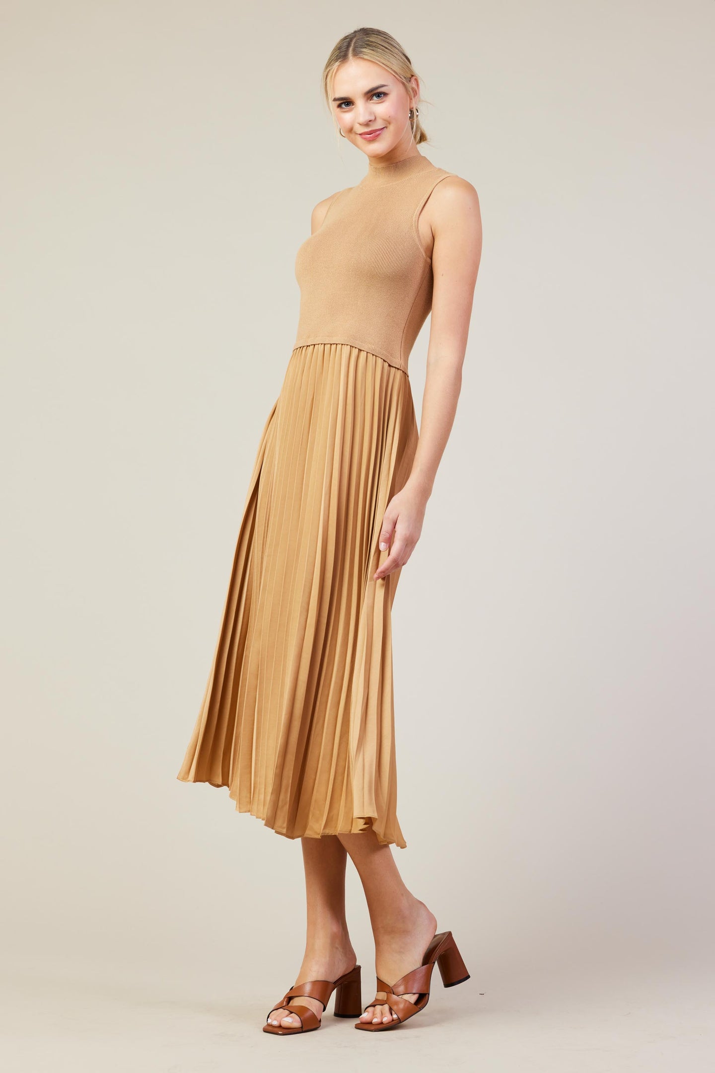 Mixed Media Pleated Midi Dress