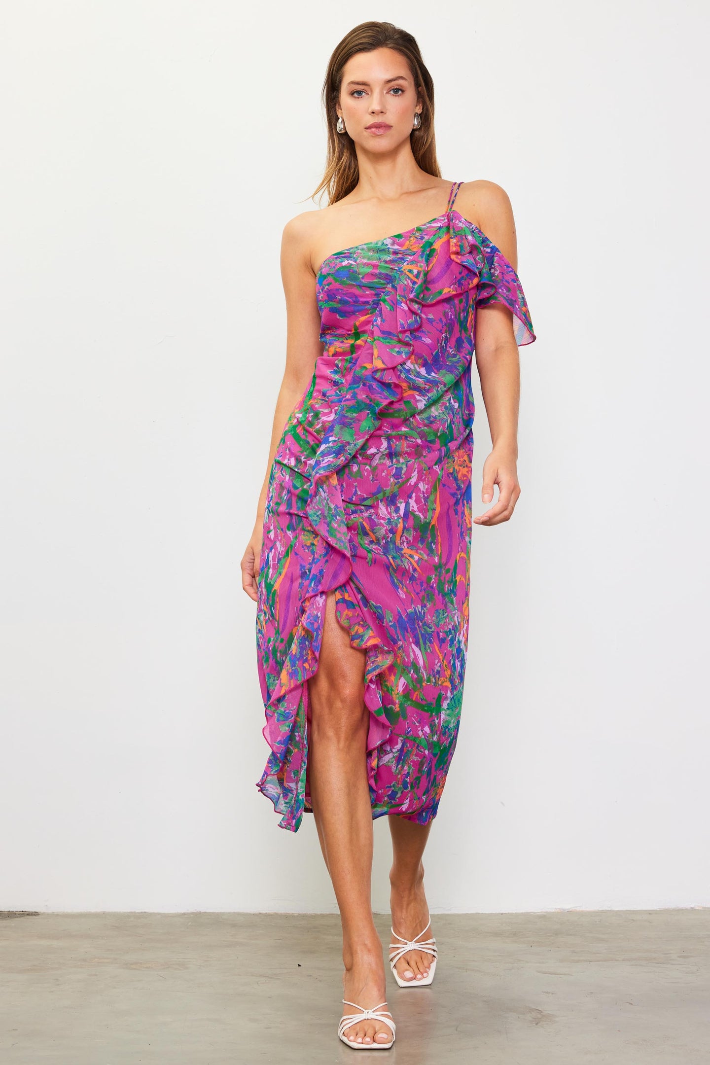 Floral Print One Shoulder Ruffle Dress