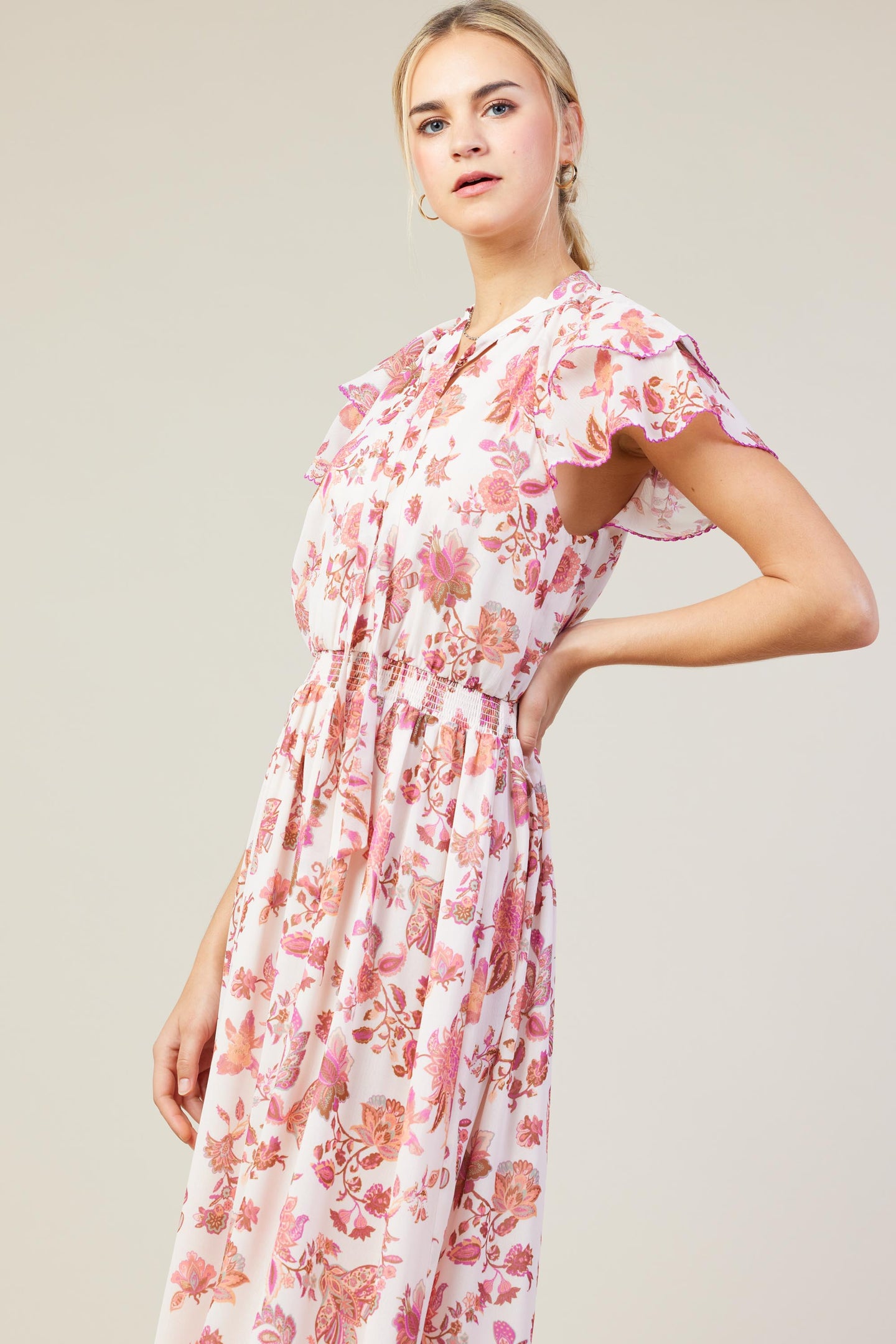 Ceres Floral Print Tie Neck Midi Dress