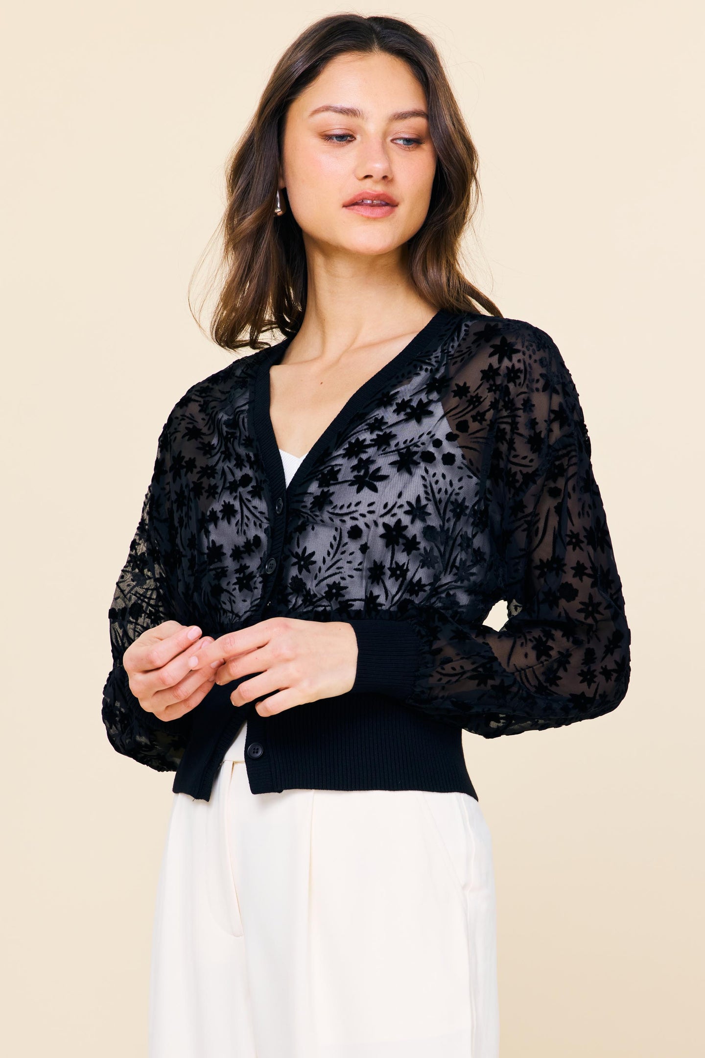 Burnout Velvet Floral Motif Cardigan