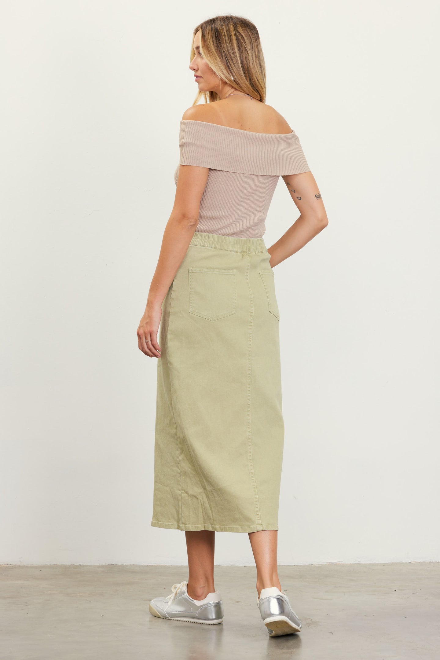 Washed Cotton Twill Midi Skirt