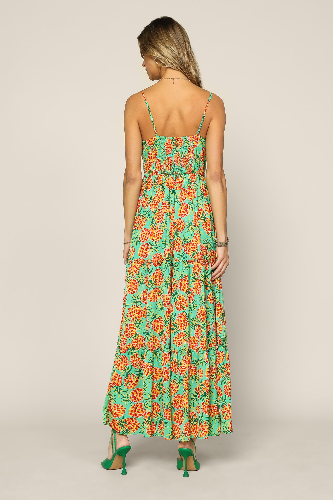 Pink Blue Green Tropical Print Evening Gowns