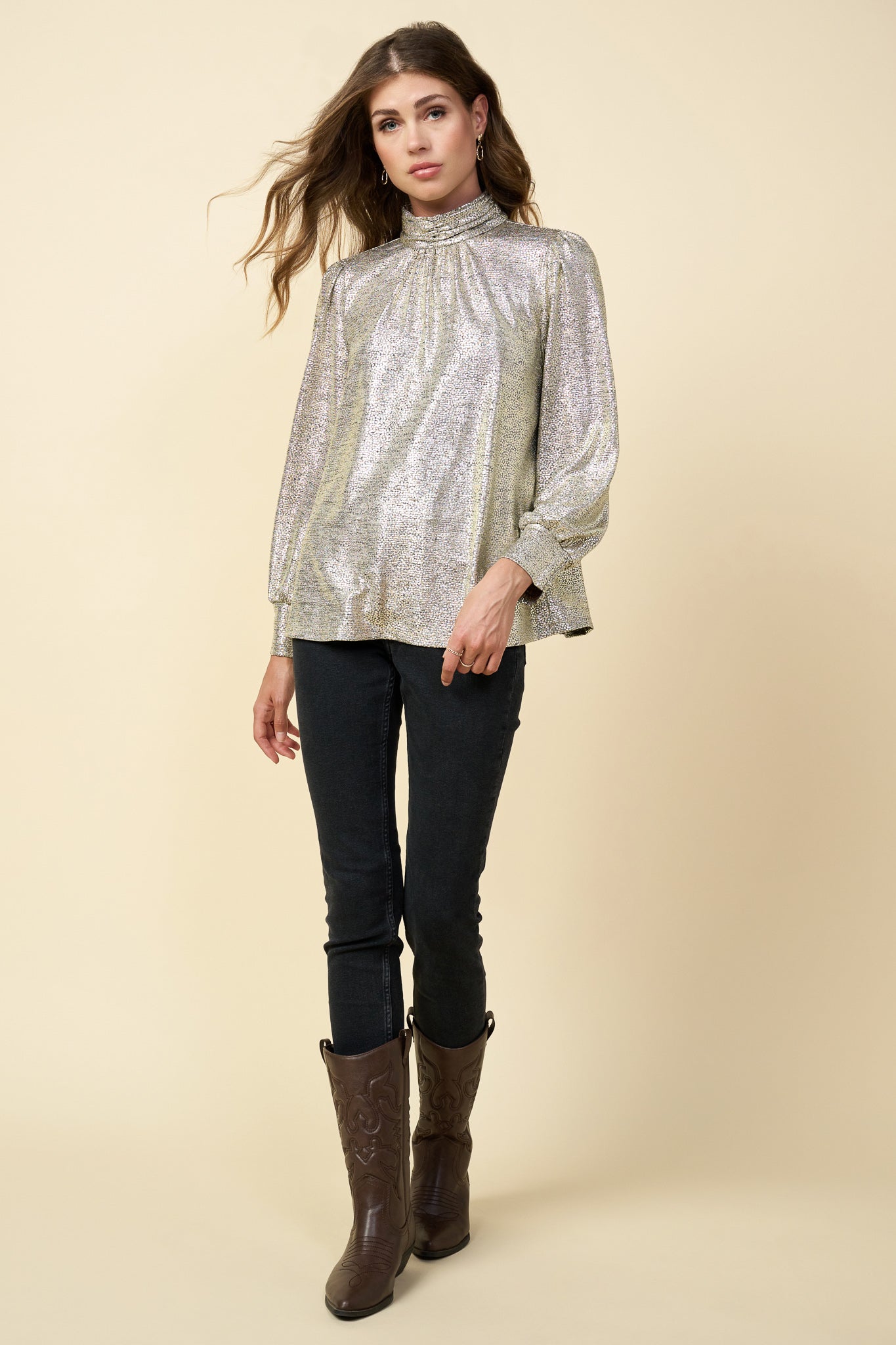 Metallic Mock Neck Blouse