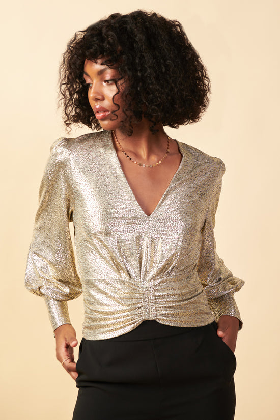 Metallic Foil Cinched Blouse