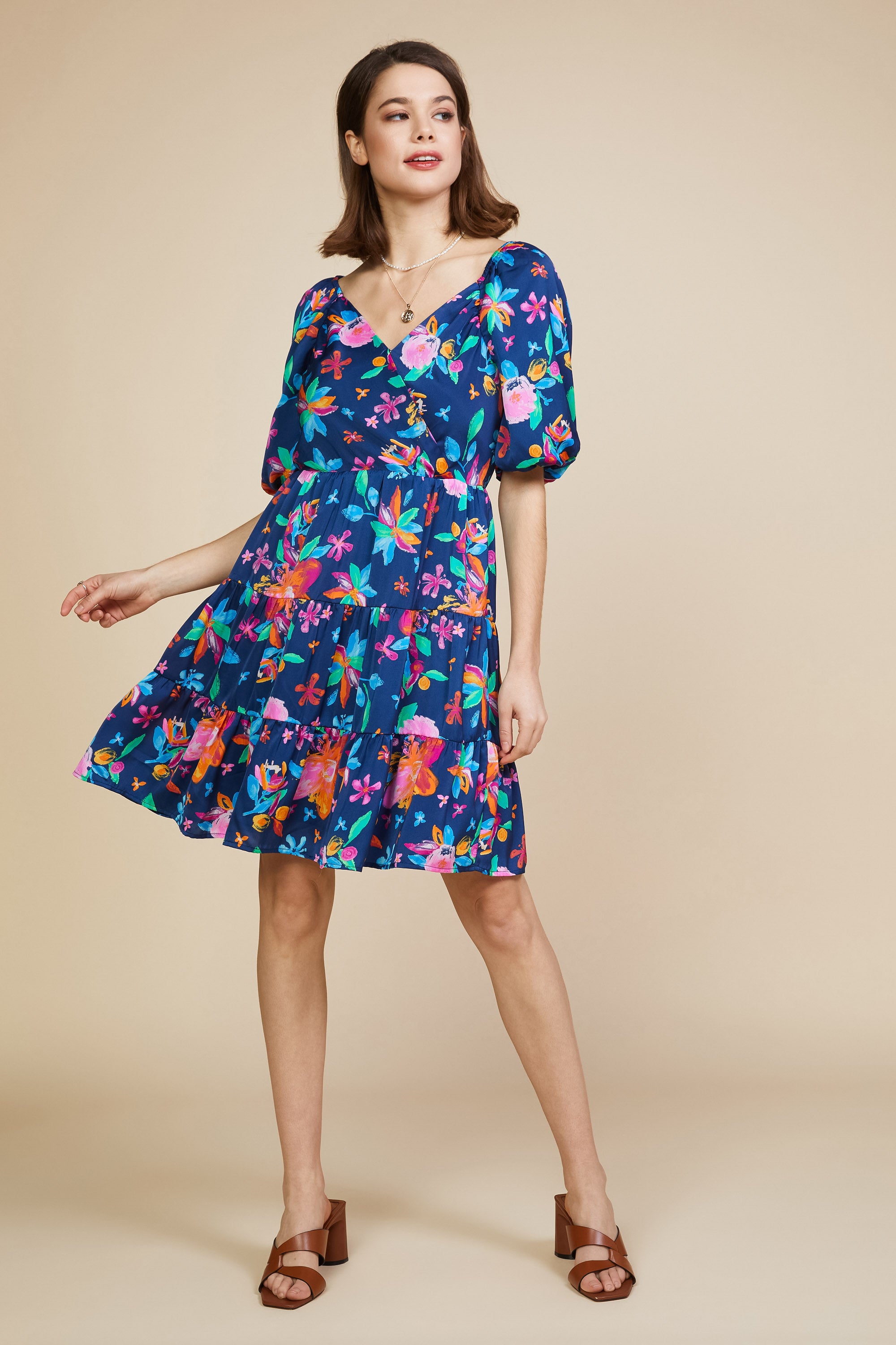 Aquatic Floral Surplice Short Dress SKIES ARE BLUE